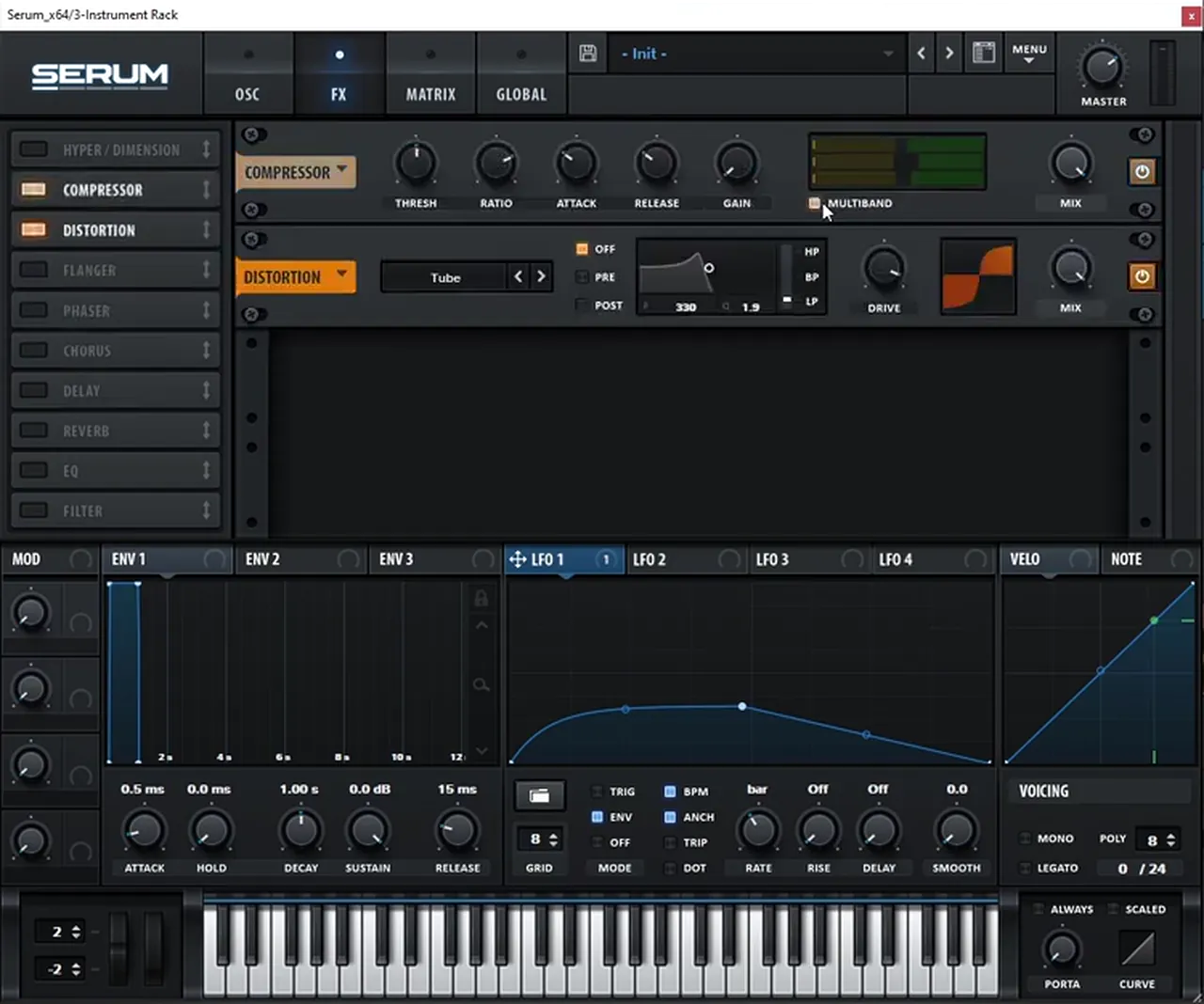 Serum FX rack with a multiband compressor placed before the Tube distortion to add gain into it, for an IMANU and Buunshin style foghorn bass
