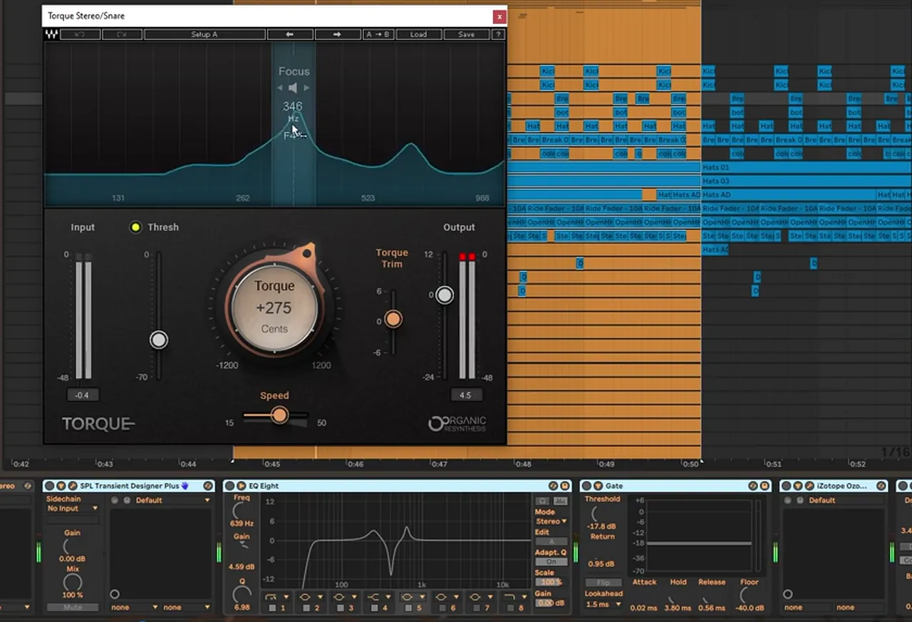 Torque on the main snare in Molecular All Systems, shifting the snare tone with the focus around 346 Hz and +275 cents, followed by a transient designer, EQ Eight, gate and saturator