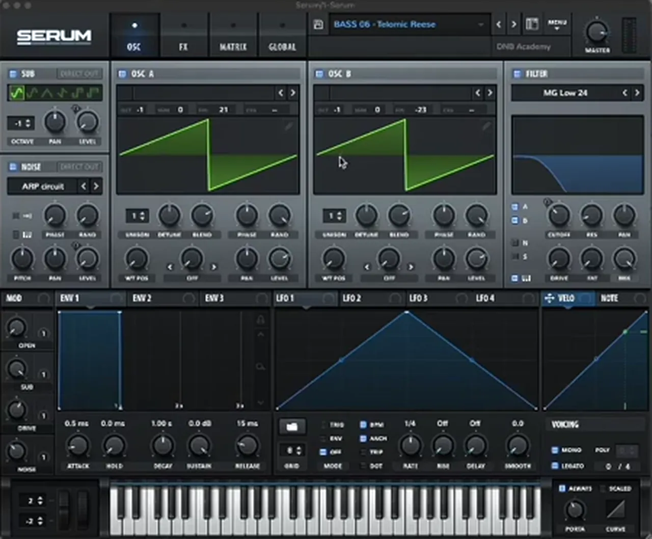 Serum reese bass for drum and bass: two saw oscillators at octave -1 detuned +21 and -23, sub oscillator on, MG Low 24 filter, mono and legato