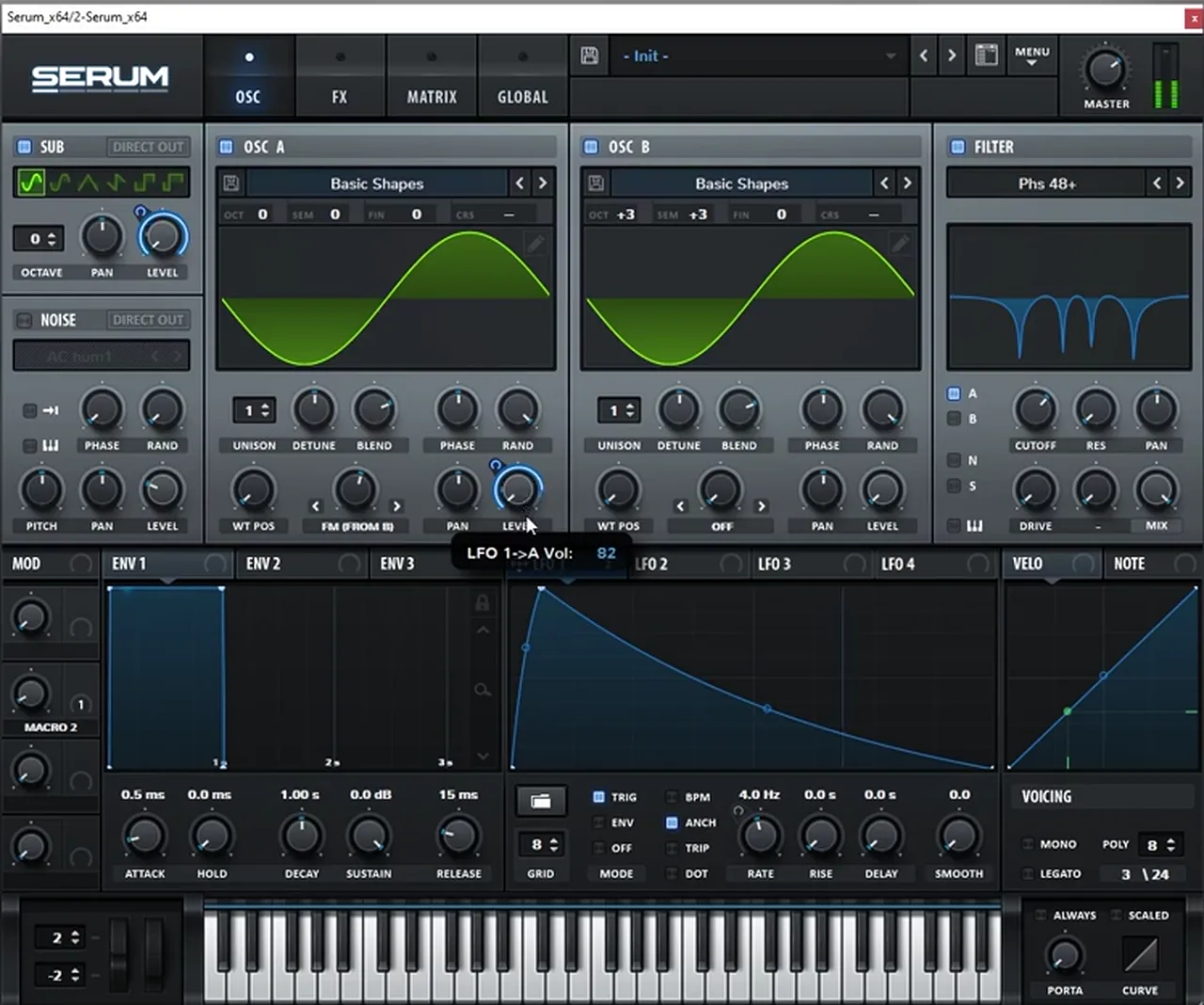 Serum with LFO 1 in trigger mode drawing a plucky decay shape, mapped to oscillator A level (82) and the sub level, and the Phs 48+ phaser filter loaded