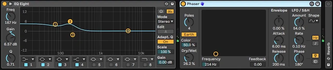 Ableton EQ Eight boosting the sub and low mids (band 1 at 167 Hz, +6.57 dB) followed by Ableton Phaser in Earth mode, frequency 214 Hz, dry/wet 26.2 percent