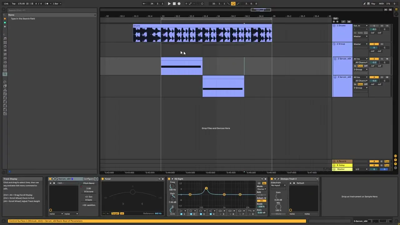 Ableton Live session for basses like Bou Poison: two Serum bass tracks and EQ Eight boosting a harmonic around 160 Hz by about 7.5 dB
