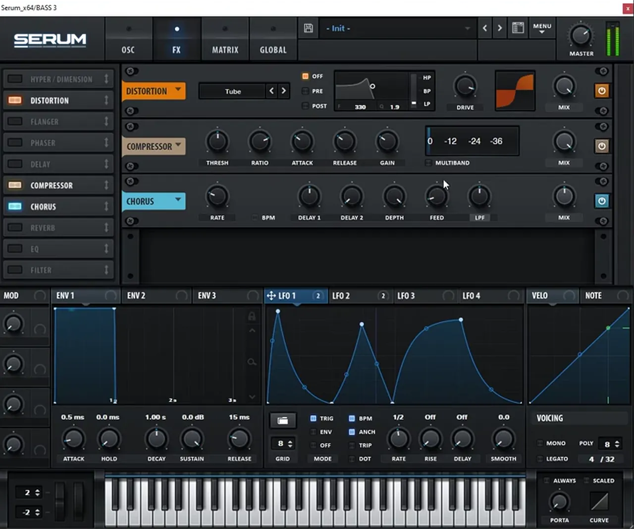Serum FX for a deep FM sine bass: Tube distortion, compressor and chorus after the compressor, with a hand-drawn LFO 1 shape in trigger mode at 1/2 on the oscillator and noise levels