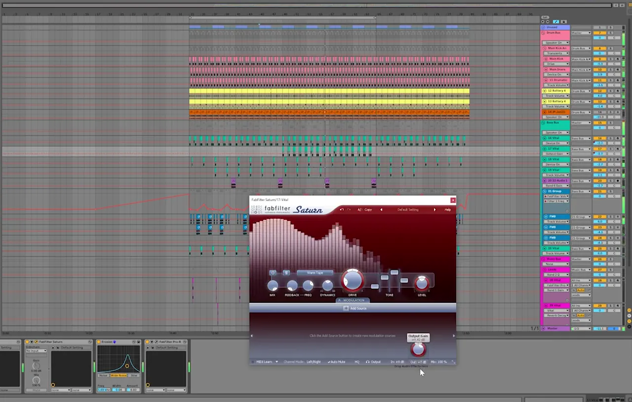 FabFilter Saturn on Warm Tape mode on a Vital bass layer in Ableton Live, followed by Erosion and Pro-R reverb, in a drum and bass drop