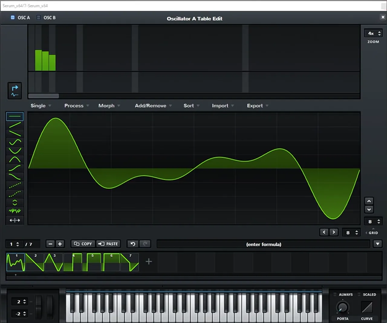 Serum oscillator table editor with the Basic Shapes wavetable reduced to three harmonics for a Bladerunner style jungle bass layer