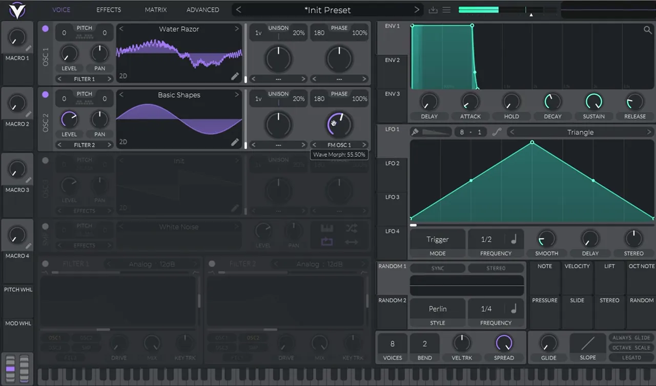 Mefjus-style bass in Vital: Water Razor wavetable on oscillator 1 used as an FM source for a Basic Shapes sine on oscillator 2, FM OSC 1 mode at 55.50 percent