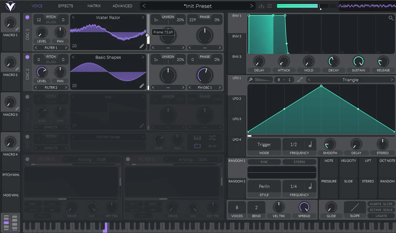 Vital FM bass in the style of Mefjus: oscillator 1 pitched up 12 semitones, phase 229 with 0 percent phase randomisation, oscillator 2 phase 0, Water Razor frame being moved