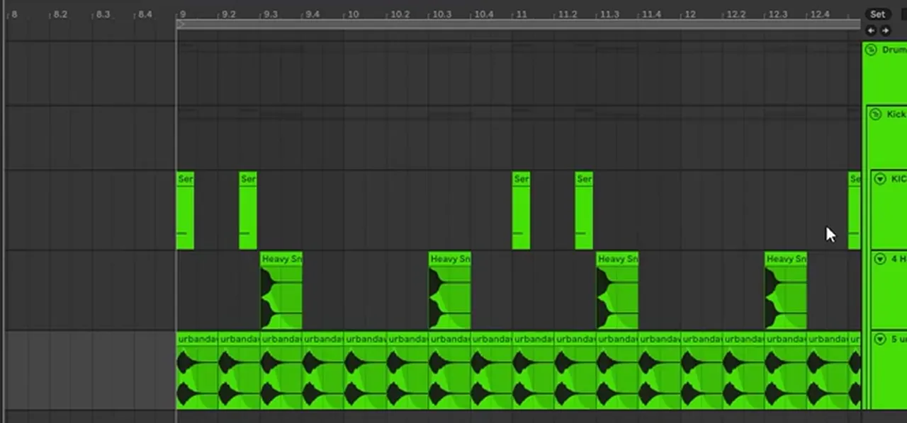Halftime drum and bass pattern in Ableton at 174 BPM with the snare on beat 3, kicks and straight hi-hats