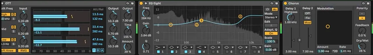 Ableton OTT into a second EQ Eight with a 284 Hz bell and a high shelf, then Chorus with a 1 kHz highpass at 28 percent dry/wet, finishing a bass like Buunshin Acolyte