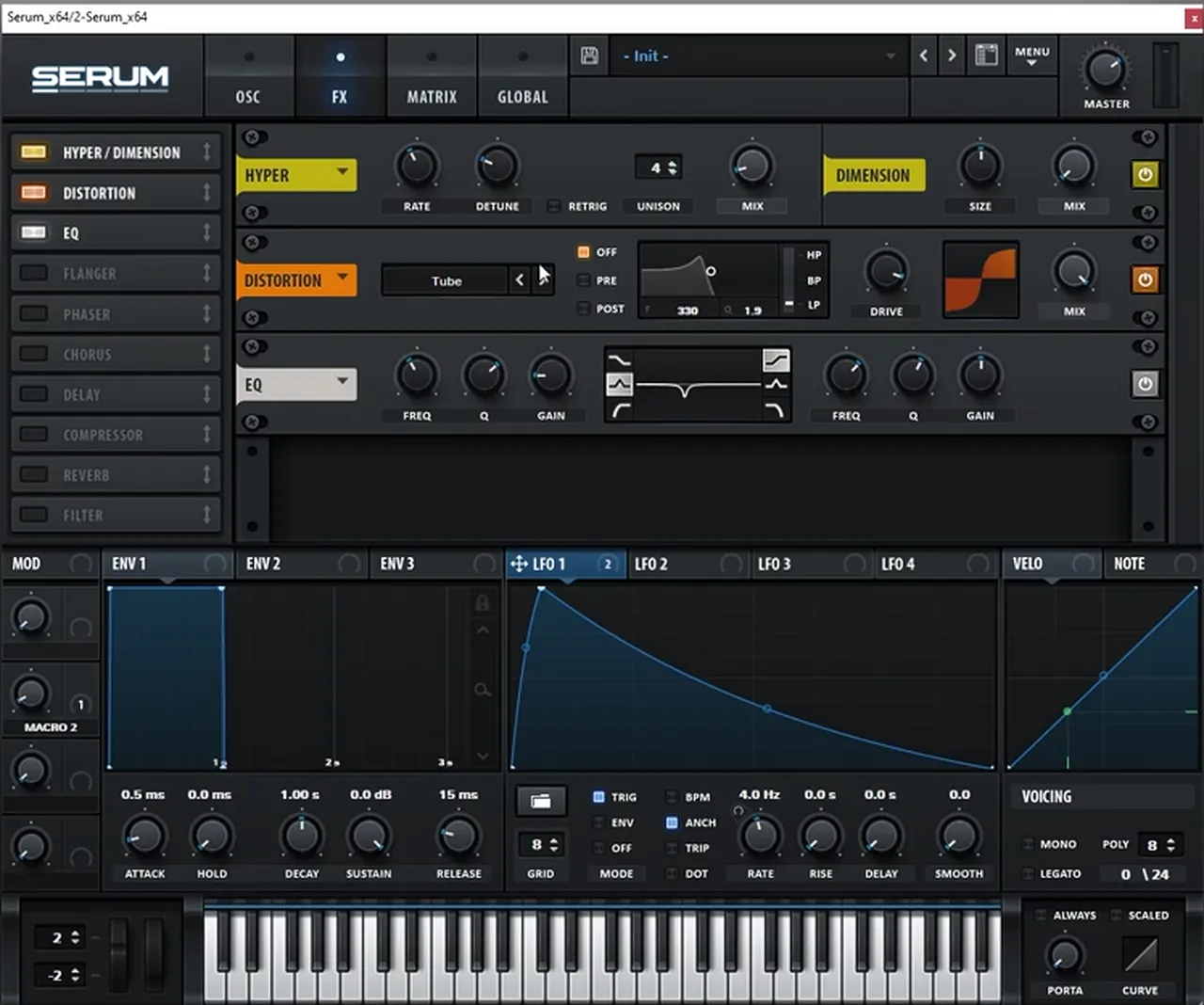 Serum FX tab with Hyper/Dimension (unison 4), Tube distortion and an EQ with a bell cut in the low mids