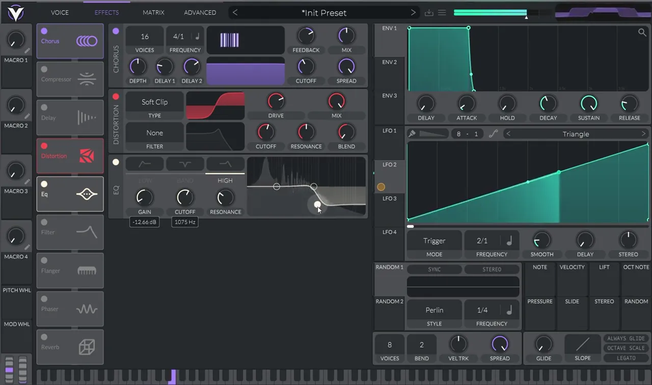 Vital EQ with the high shelf cut by about 12.66 dB at 1075 Hz on a distorted bass