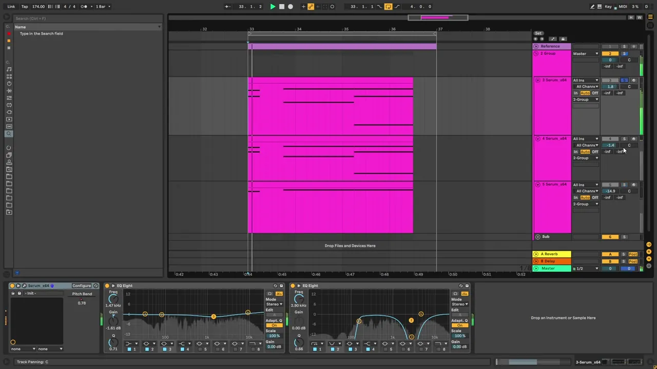 Ableton Live arrangement with three Serum layers and a sub track grouped together, each with EQ Eight, for a lead like Camo and Krooked and Mefjus No Tomorrow