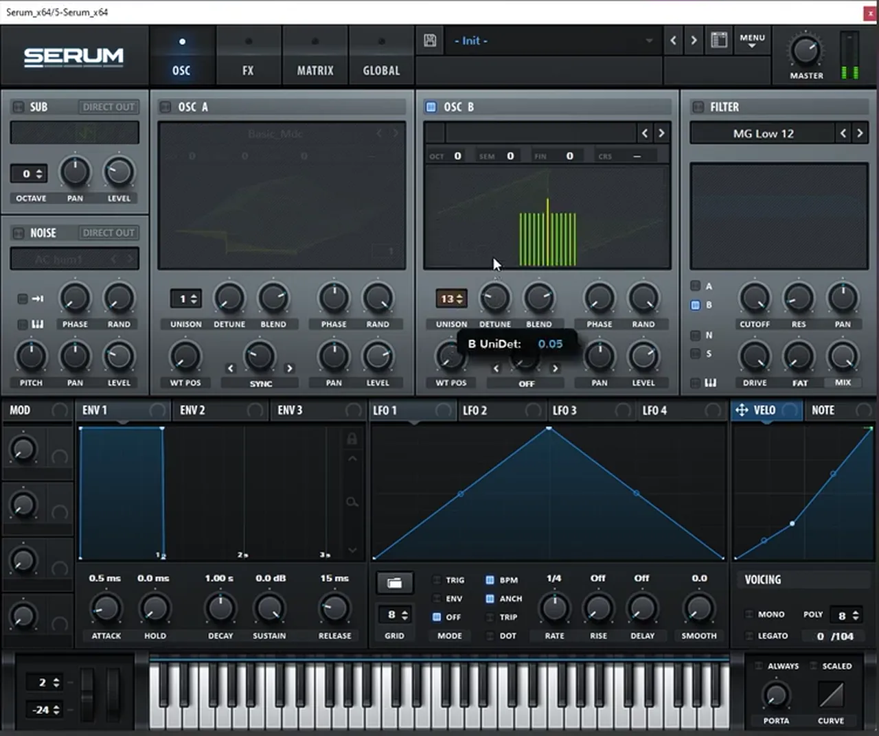 Serum oscillator B with 13 unison voices and a low detune on a saw, a wide variation of a lead layer like No Tomorrow by Mefjus and Camo and Krooked