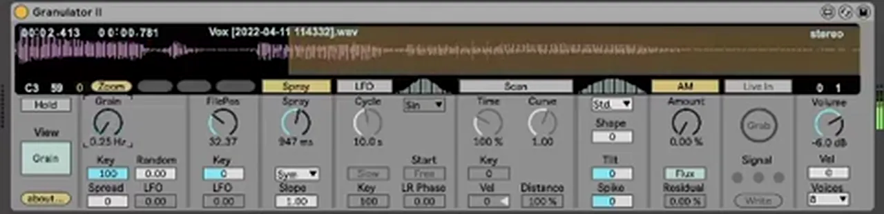 Granulator II Max for Live device in Ableton Live loaded with a liquid DnB vocal sample, spray turned up for random grains