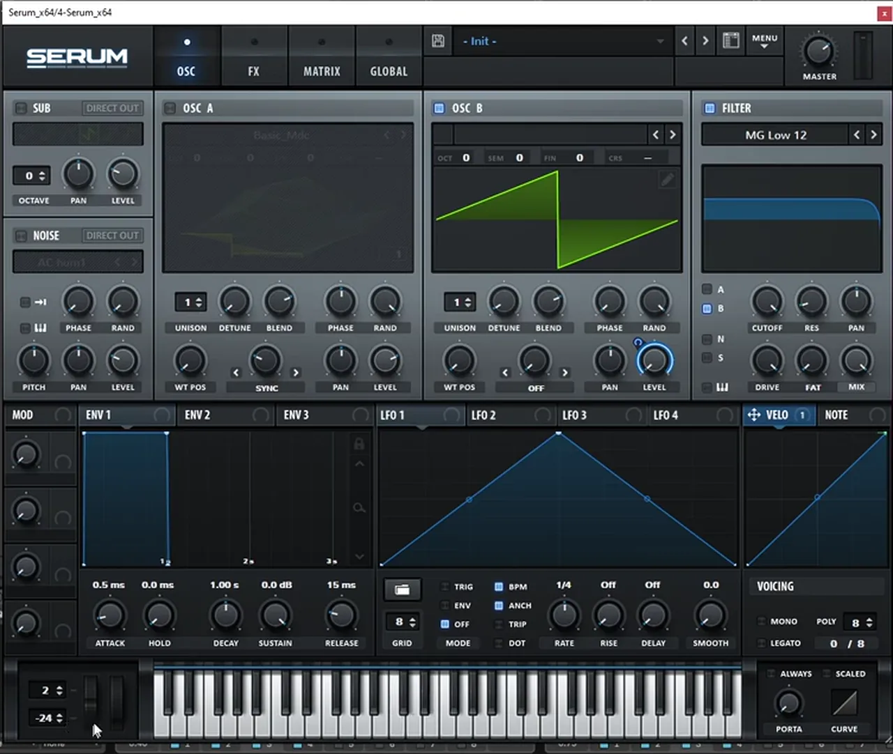 Serum with the pitch bend range set to plus 2 and minus 24 semitones and a saw on oscillator B, used for the pitch bends of a lead like No Tomorrow