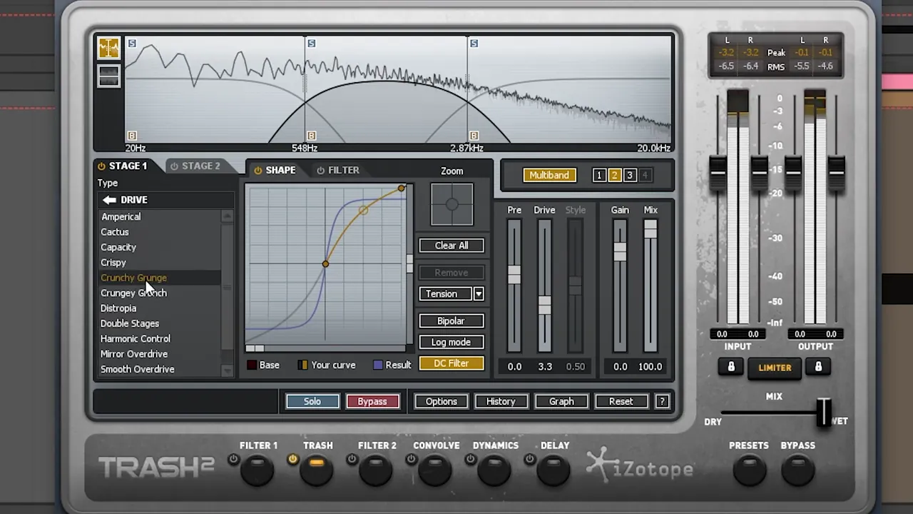 iZotope Trash 2 in multiband mode on a Breathe-style bass: only the middle band from 548 Hz to 2.87 kHz is distorted with Crunchy Grunge at a drive of 3.3