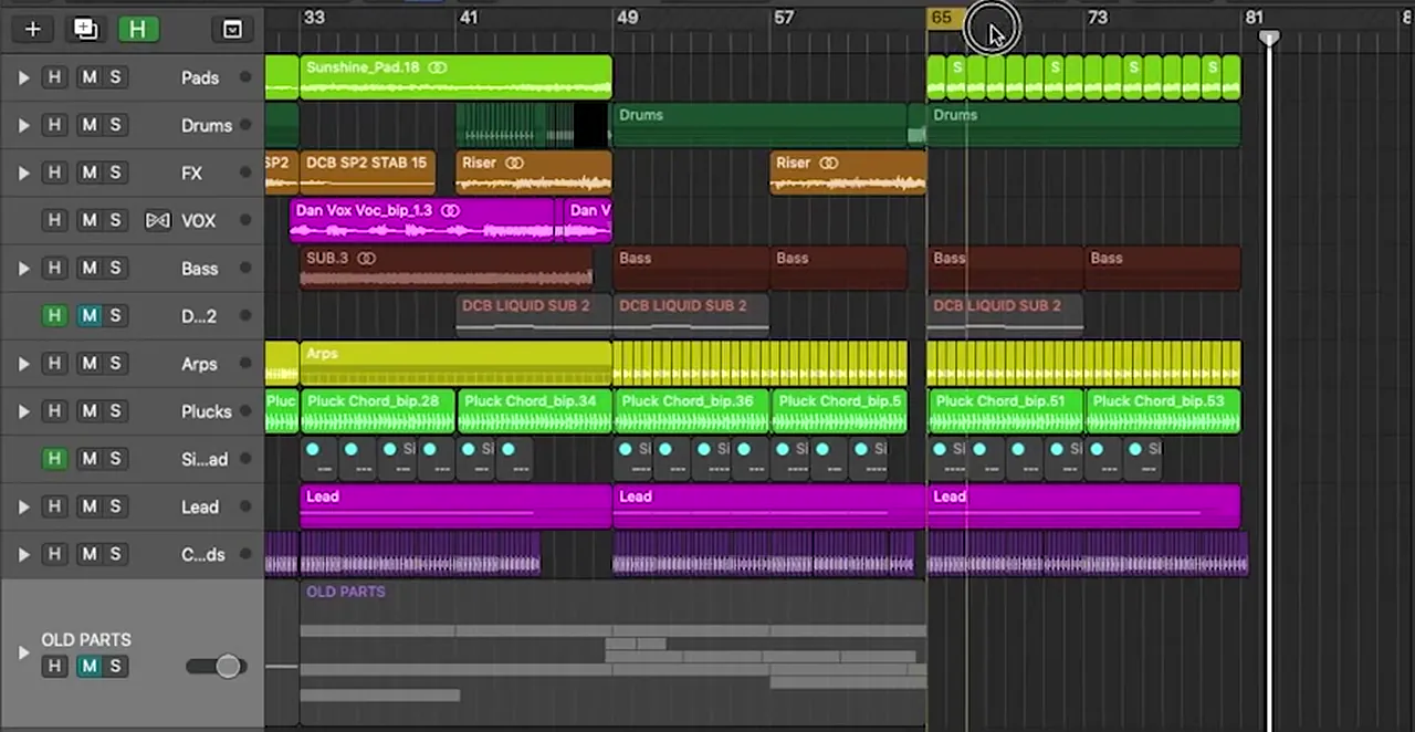Logic Pro arrangement of a dancefloor DnB drop from bar 49 to bar 81, with drums, bass, arps, plucks and lead, before rewinding back into the drop