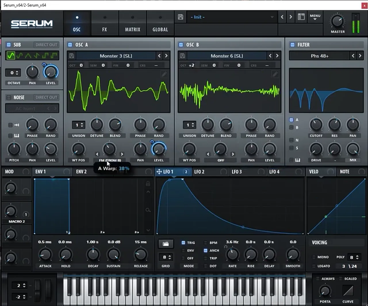 Serum variation with the Monster 3 and Monster 6 wavetables on oscillators A and B, oscillator B at octave +2, FM from B at 38 percent