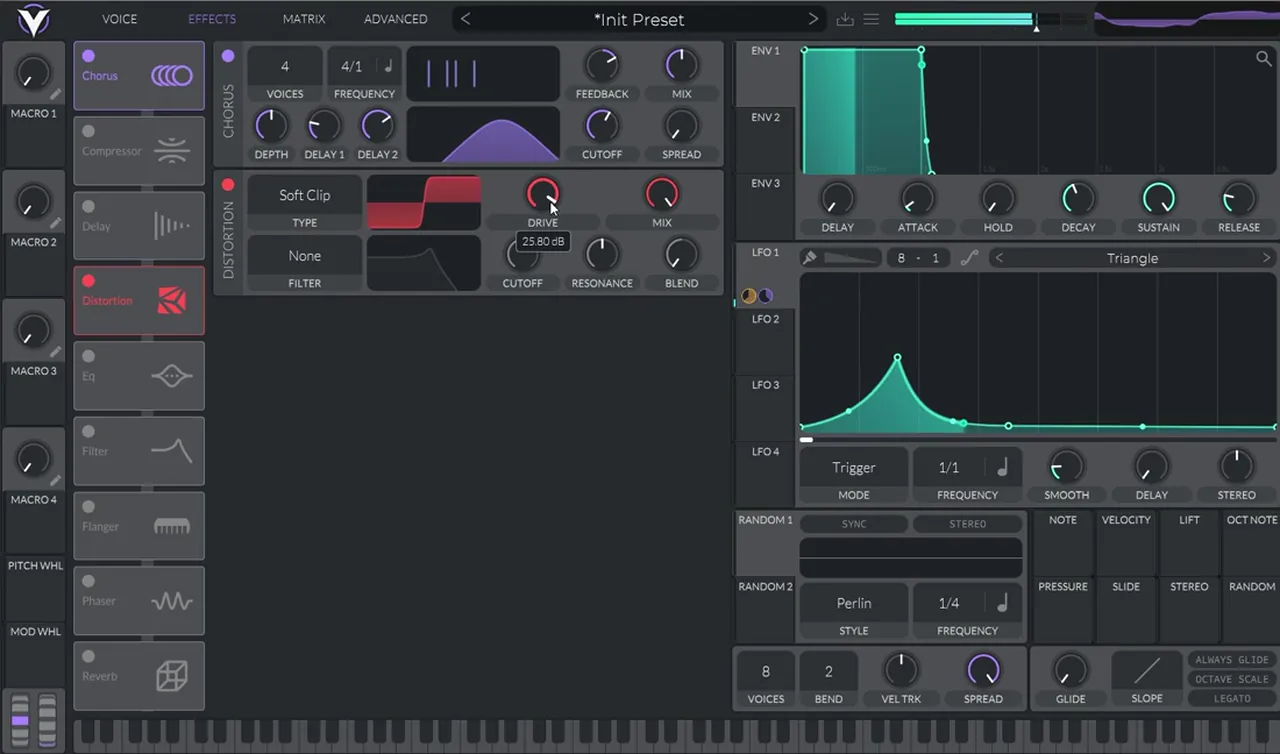 Vital chorus with 4 voices and spread down, followed by Soft Clip distortion with the drive boosted, for a bass like Mefjus