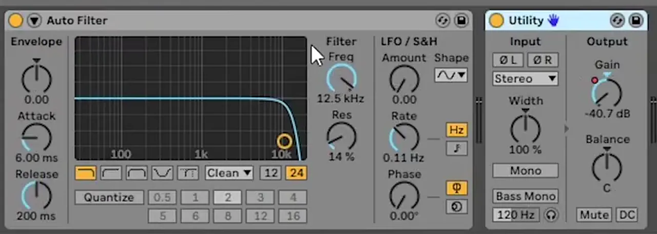 Ableton Auto Filter in low pass mode placed before the Utility device on the bass track