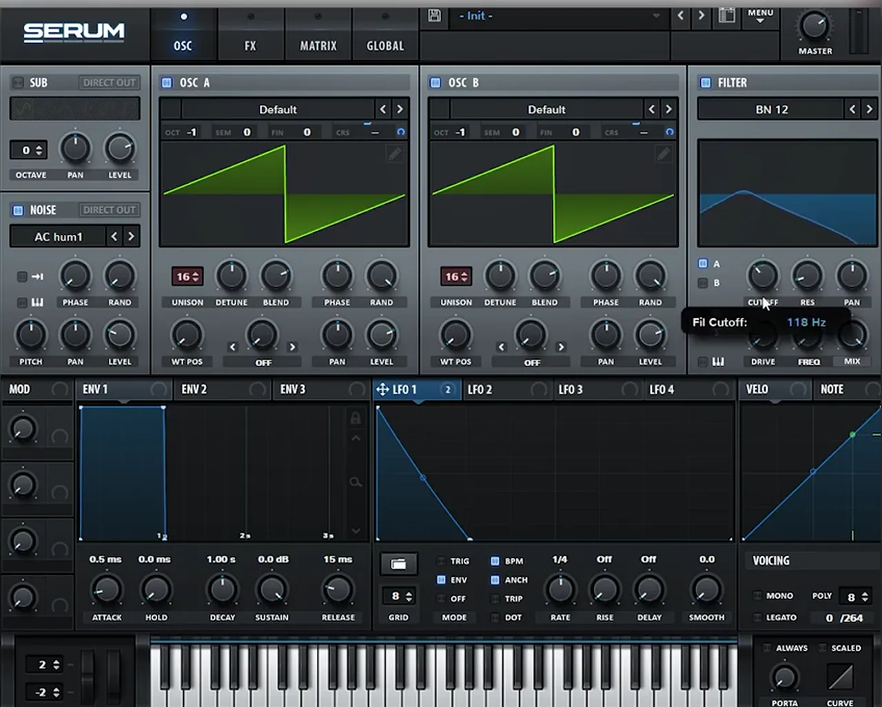 Serum lead patch like Sub Focus for dancefloor drum and bass: two saws at octave -1 with 16 unison voices, AC hum1 noise, BN 12 band-pass filter and LFO 1 in envelope mode