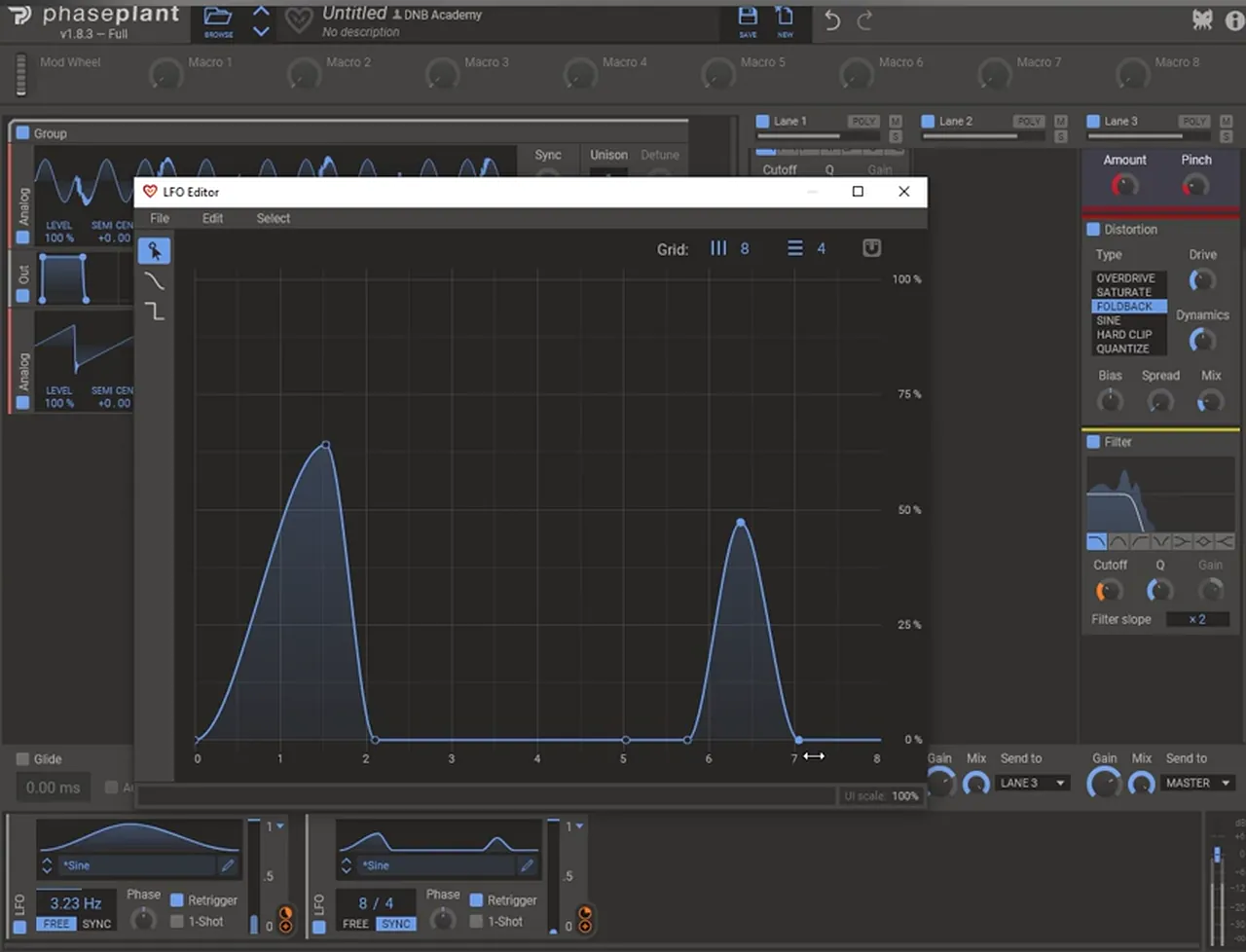 Phase Plant LFO editor with a synced 8/4 unipolar shape of two peaks that opens the second filter on parts of the bass sequence
