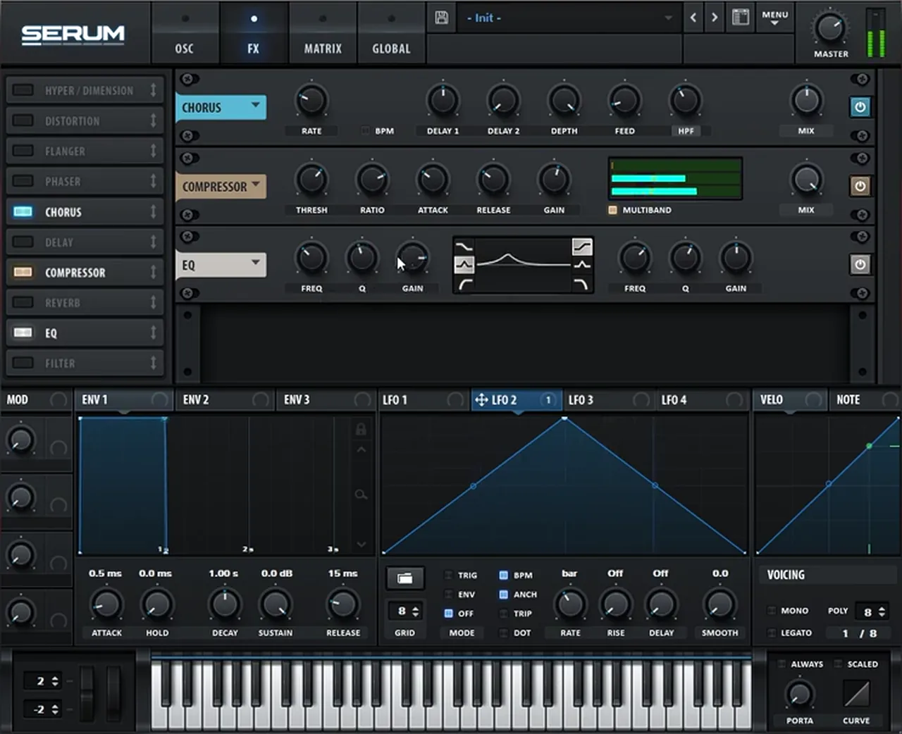 Serum FX rack for the filler bass: Chorus, a Compressor in multiband mode and an EQ boosting the frequencies to accentuate