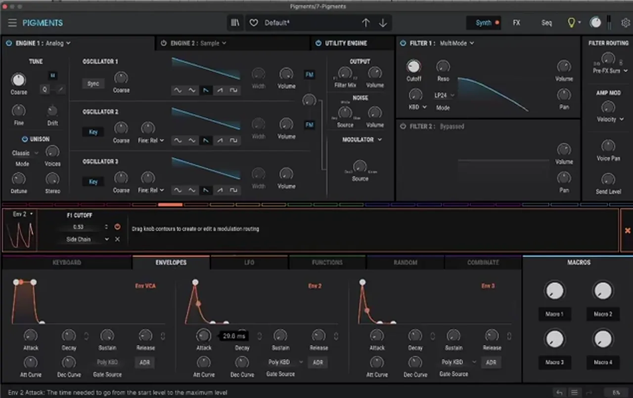 Arturia Pigments pluck lead for liquid DnB in Ableton: Analog engine, LP24 filter with keyboard tracking, envelope 2 mapped to filter 1 cutoff with a short attack