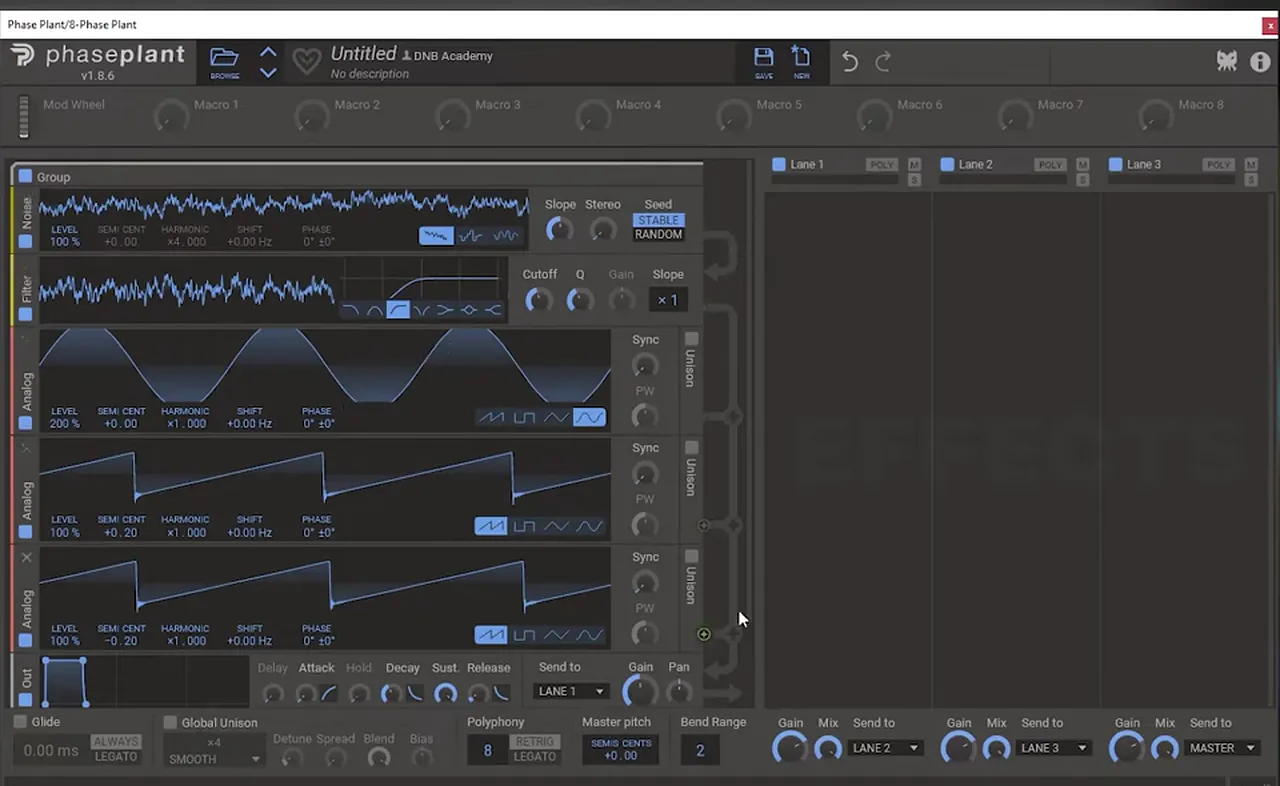 Phase Plant reese for a bass like Mefjus Hear Me: noise generator with a filter, a sine at 200 percent level and two saws detuned to +0.20 and -0.20