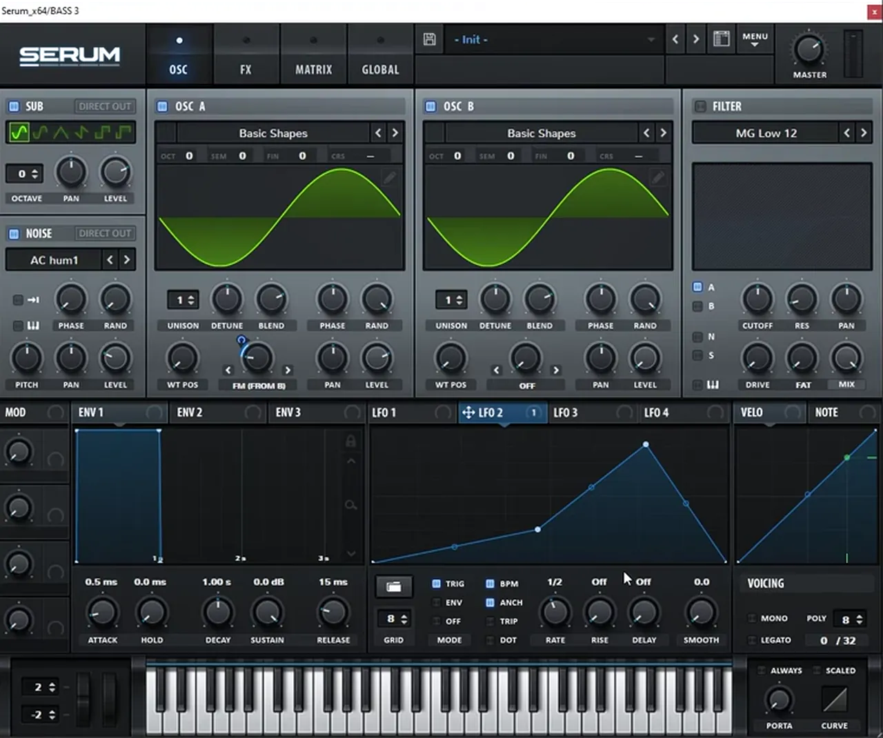 Serum deep sine bass like Monty’s F4DE: two Basic Shapes sine waves, sub and AC hum1 noise on, oscillator A warp set to FM from B with LFO 2 in trigger mode on the FM amount