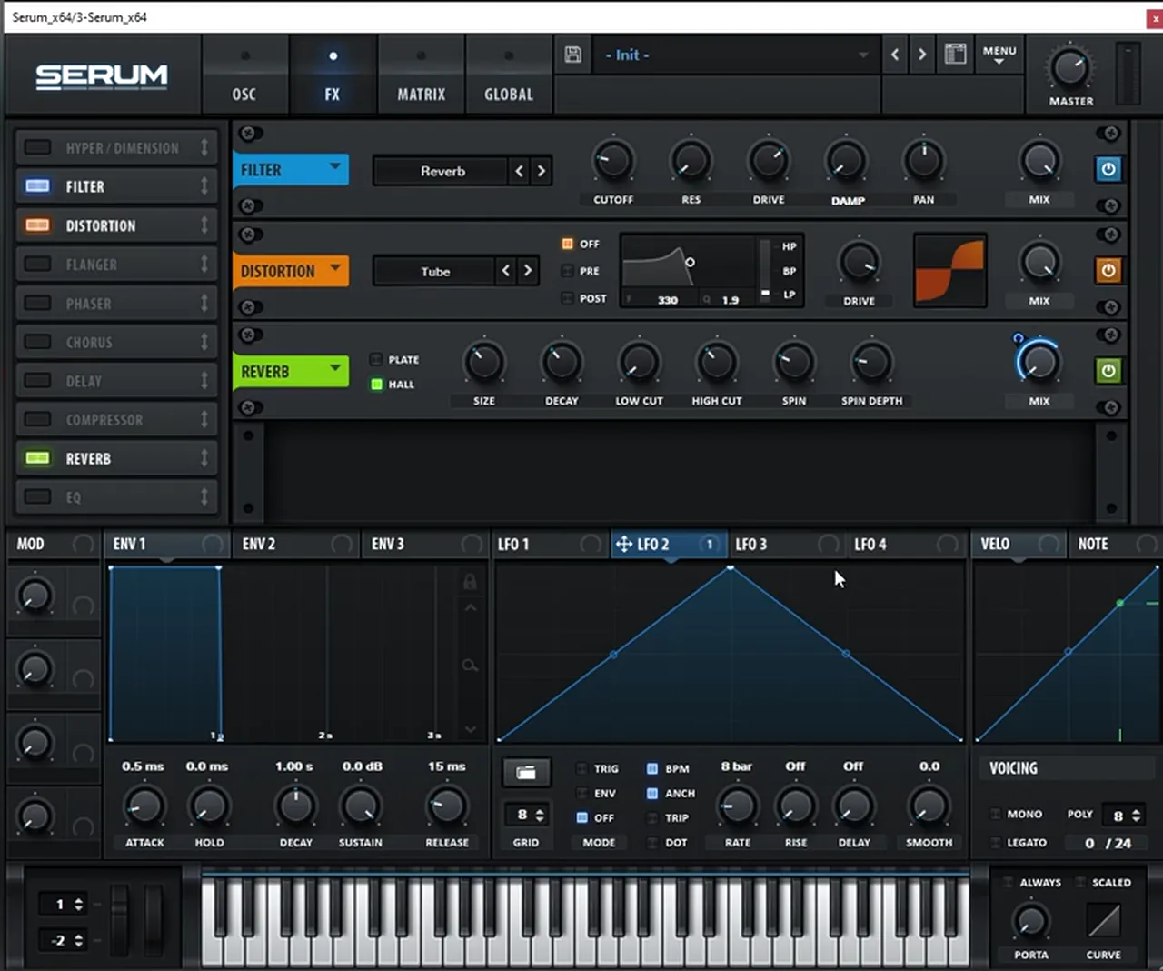 Serum LFO 2 set to 8 bars and mapped to the reverb mix for a foghorn bass like Skantia Clapper