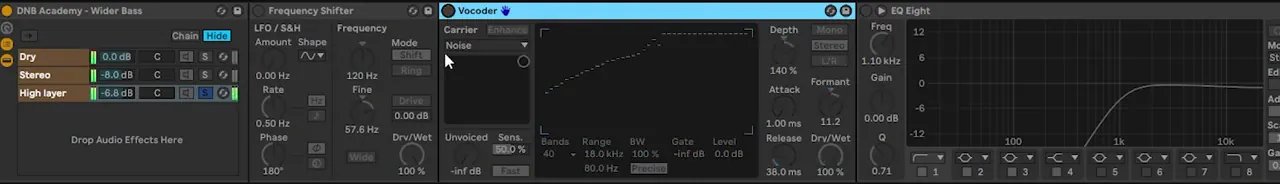 Ableton widening rack high layer for a bass like Mefjus Hear Me: Vocoder with a noise carrier and boosted formant, then EQ Eight high-passing at 1.10 kHz