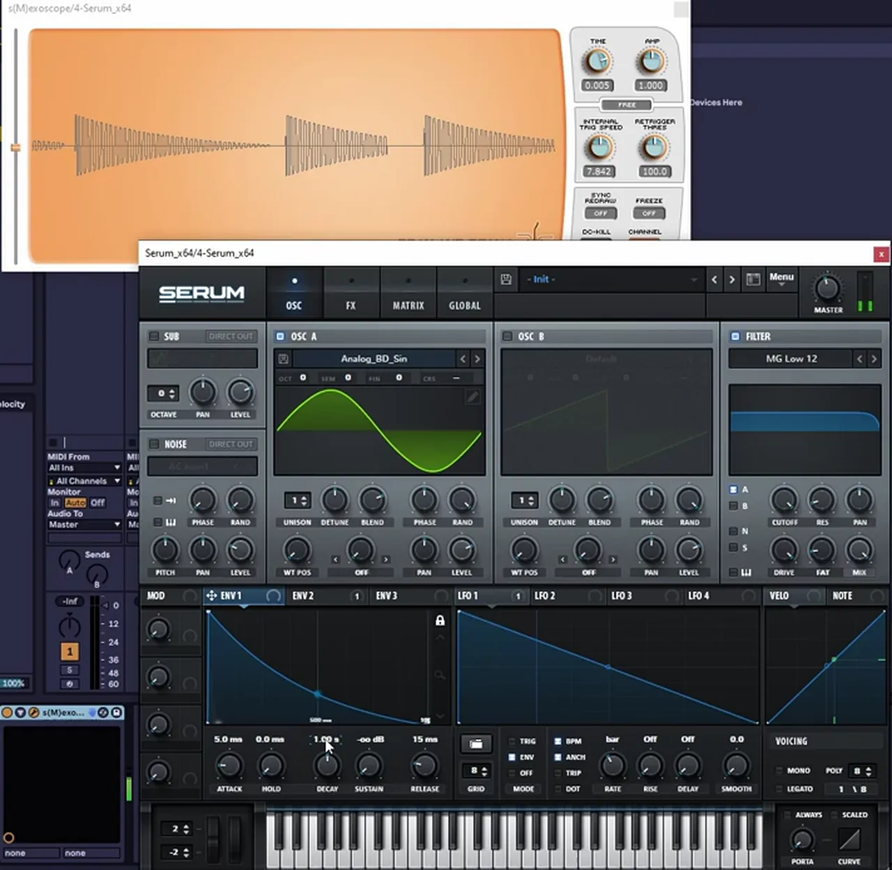 Stranjah 808 jungle bass in Serum: a sine on oscillator A, 5 ms attack, LFO 1 in envelope mode and an oscilloscope showing the decaying 808 notes
