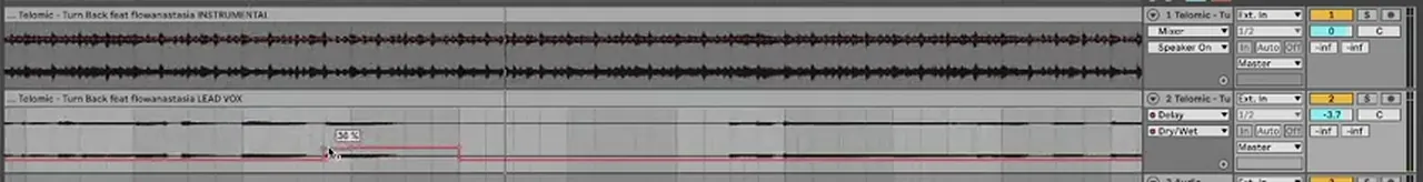 Ableton automation lane raising the vocal delay dry/wet on the last notes of a DnB vocal phrase
