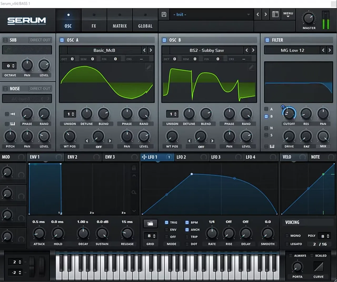 Serum bass patch like Monty’s F4DE: oscillator A Basic_McB wavetable, oscillator B BS2 Subby Saw, MG Low 12 filter on oscillator B only, LFO 1 in trigger mode at 1/4 on the cutoff