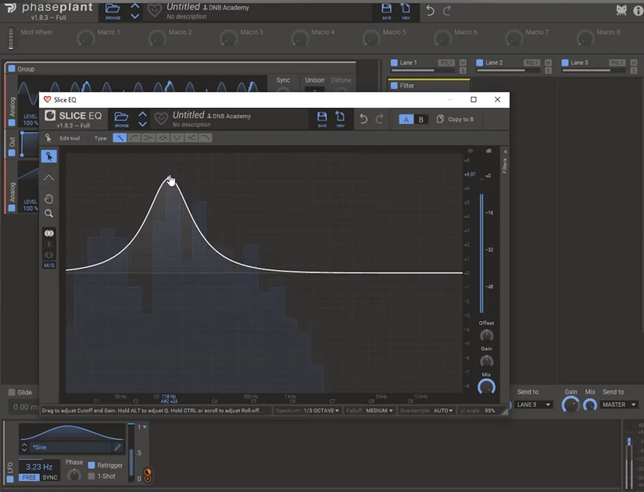 Phase Plant Slice EQ with a bell boost around 118 Hz to bring forward the lower harmonics of a bass like Alix Perez