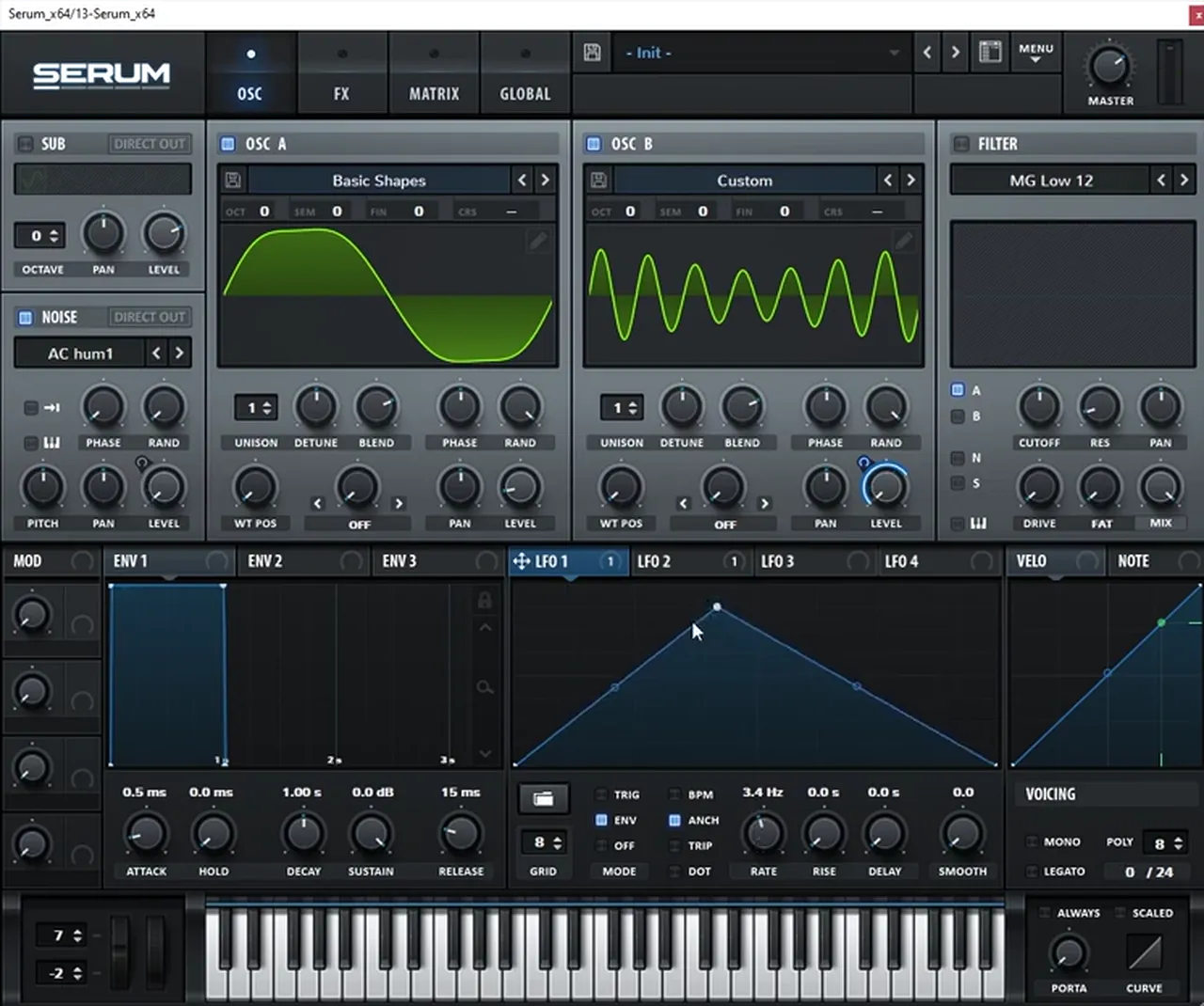Serum oscillators for a jump up bass inspired by Annix Boomerang: oscillator A Basic Shapes sine, oscillator B custom 7th harmonic wave, AC hum1 noise, LFO 1 in envelope mode at 3.4 Hz