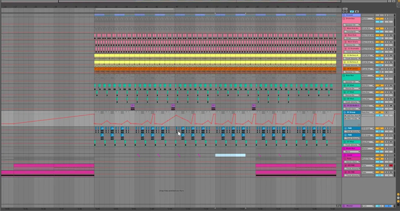 Ableton Live drum and bass arrangement with filter frequency automation on the resampled FM8 bass group and pads in the intro and the third 16