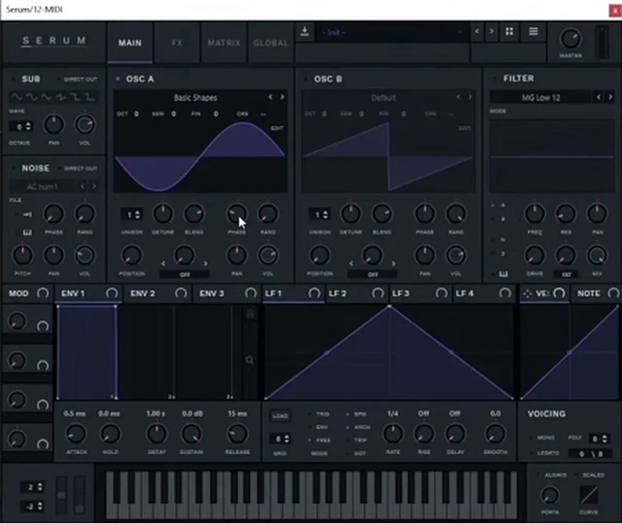 Serum kick drum patch for drum and bass: Osc A Basic Shapes sine with random phase turned down and phase set to 90 degrees