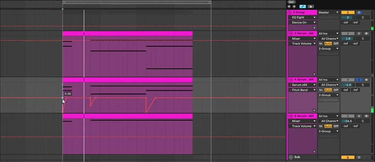 Ableton pitch bend automation on a Serum layer, sweeping from the bottom of a minus 24 semitone range back to the centre at the chord changes, for a Camo and Krooked and Mefjus style lead