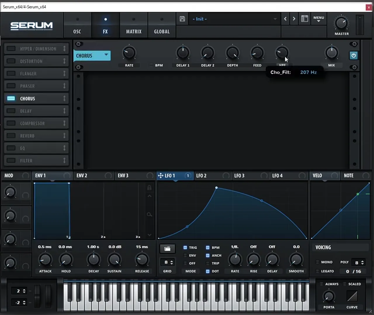 Serum chorus effect with its filter set to high-pass at 207 Hz so the low end stays out of the chorus