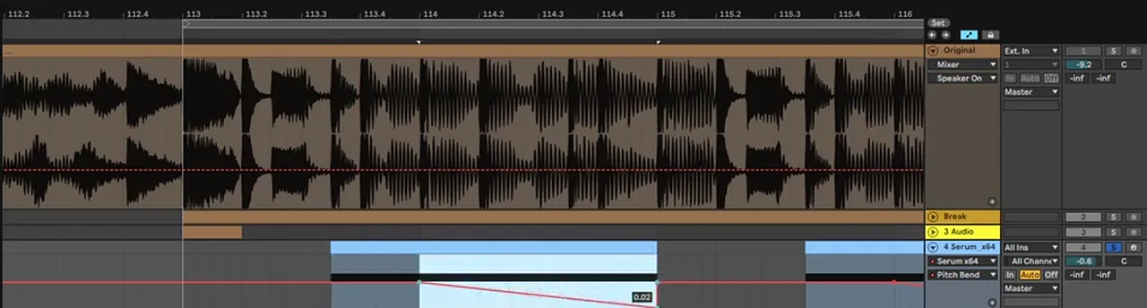 Ableton pitch bend automation on the Serum bass: held for the first quarter note, then ramping two semitones down