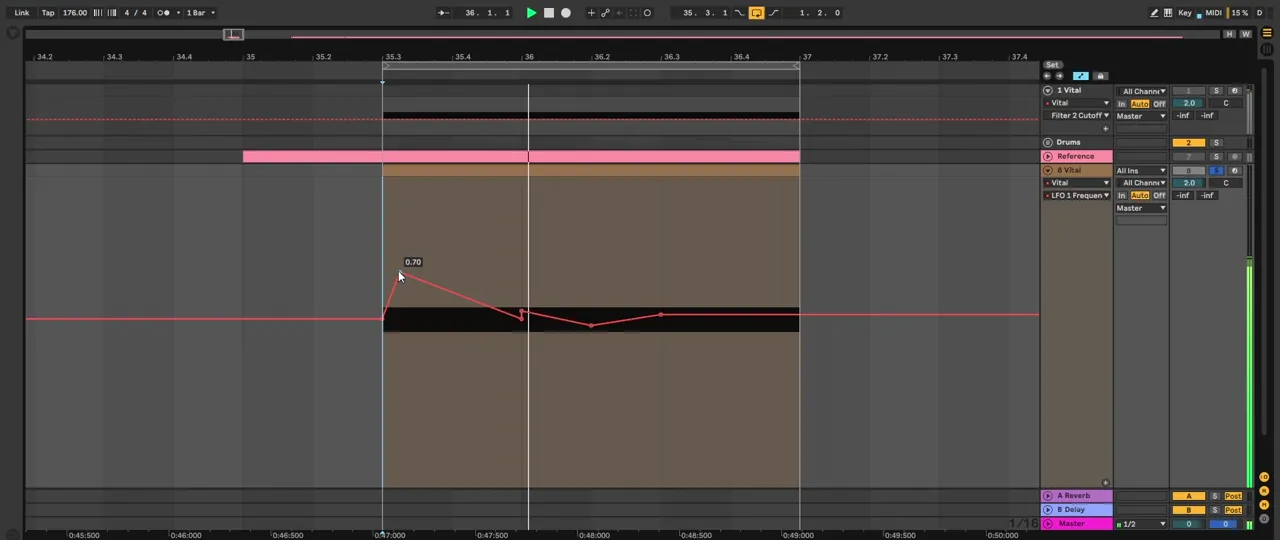 Ableton Live automation of Vital LFO 1 Frequency for a bass like Bou and Mark XTC Breathe: a jump up, a fall, a restart and a sustained tail