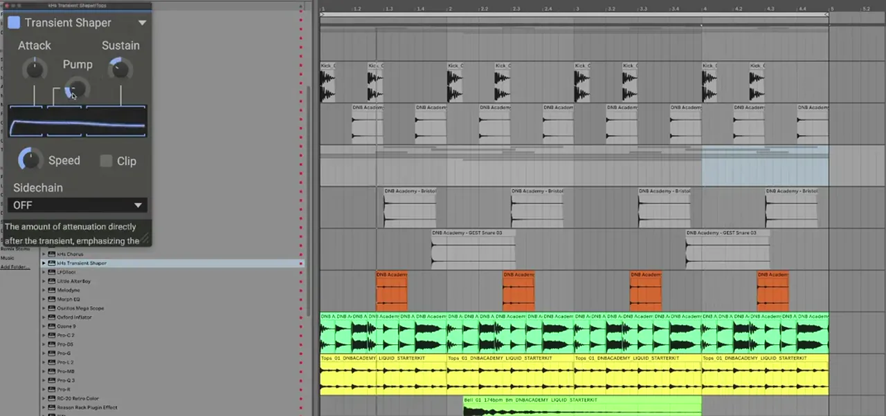 Kilohearts Transient Shaper with attack, pump and sustain on the tops group of a liquid drum and bass beat in Ableton Live