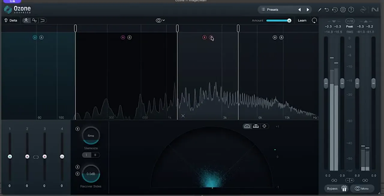 iZotope Ozone Imager splitting a DnB mix into frequency bands to check stereo width per band