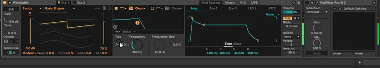Ableton Wavetable with a Basic Shapes saw, a resonant 24 dB Clean low-pass filter and the amp envelope for liquid DnB chords