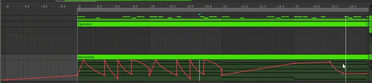 Ableton arrangement with sawtooth-shaped filter frequency automation on chopped Wavetable chord hits, followed by a long filter sweep
