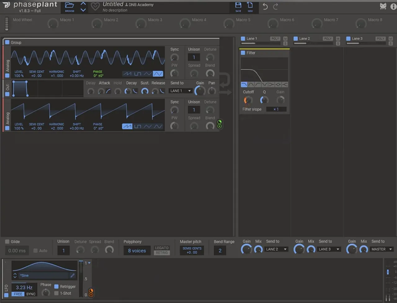Phase Plant low-pass filter in lane 1 with an LFO at 3.23 Hz mapped to the cutoff, for a deep minimal DnB bass