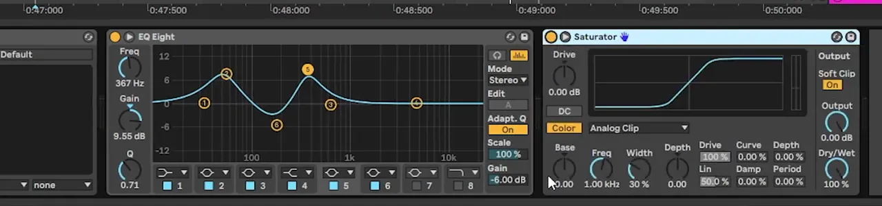 Ableton EQ Eight with bell boosts at 367 Hz and higher harmonics and a -6 dB output gain, followed by Saturator in Analog Clip with Soft Clip on, for a bass like Bou and Mark XTC Breathe