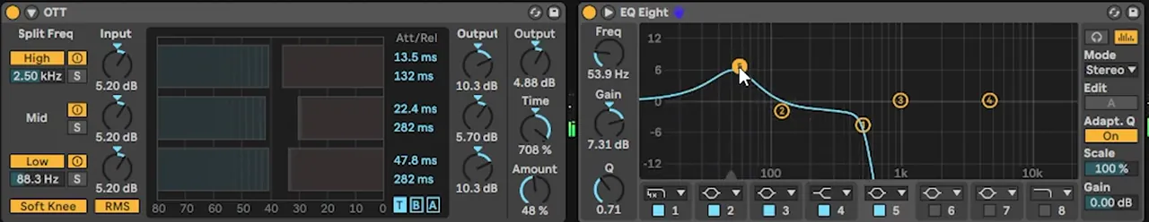 Ableton OTT at 48 percent amount into EQ Eight with a 53.9 Hz boost of 7.31 dB, processing the sub layer of a deep bass like Skeptical Desire